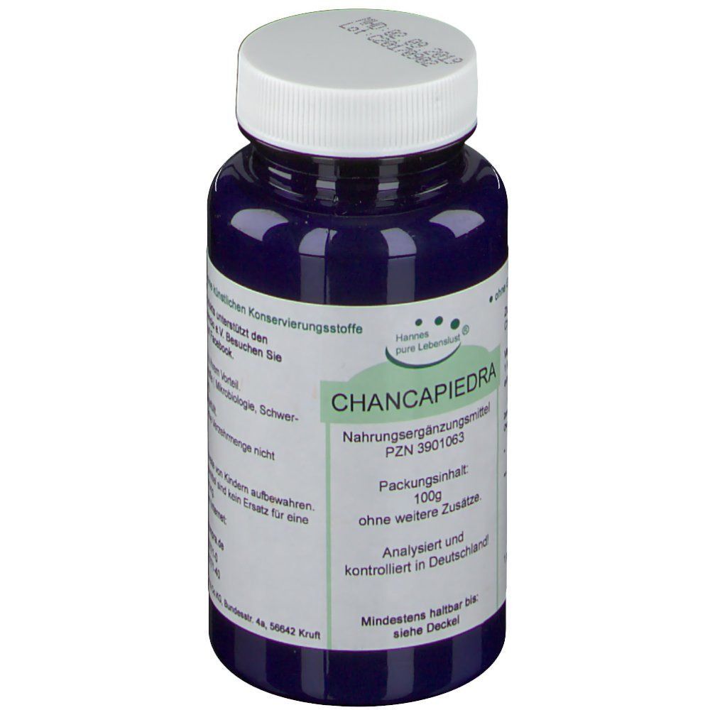 Hannes pure Lebenslust® CHANCAPIEDRA Flasche. Blaue Glasflasche mit weißem Deckel und Etikett. Aufschrift: Nahrungsergänzungsmittel. Mindesthaltbarkeit.