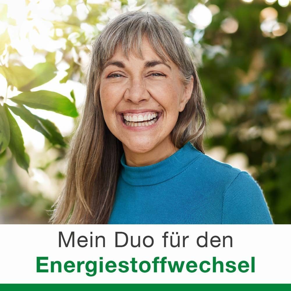 Porträt einer lächelnden Frau mit grauem Haar. Unterhalb steht: Mein Duo für den Energiestoffwechsel.