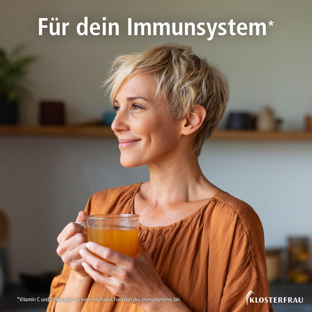 Eine Frau hält eine Tasse mit einem Getränk. Text: Für dein Immunsystem. KLOSTERFRAU Logo.