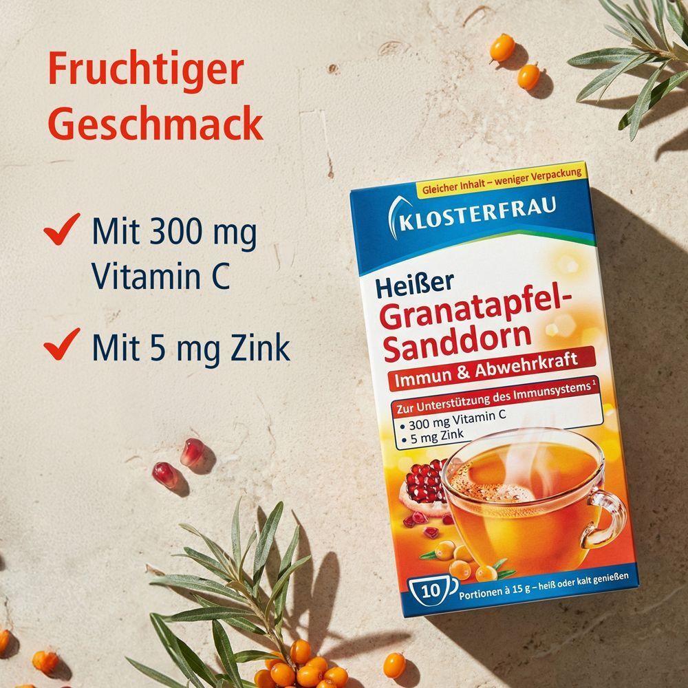 Packung KLOSTERFRAU Heißer Granatapfel-Sanddorn. Text: Mit 300 mg Vitamin C, mit 5 mg Zink. 10 Portionen.