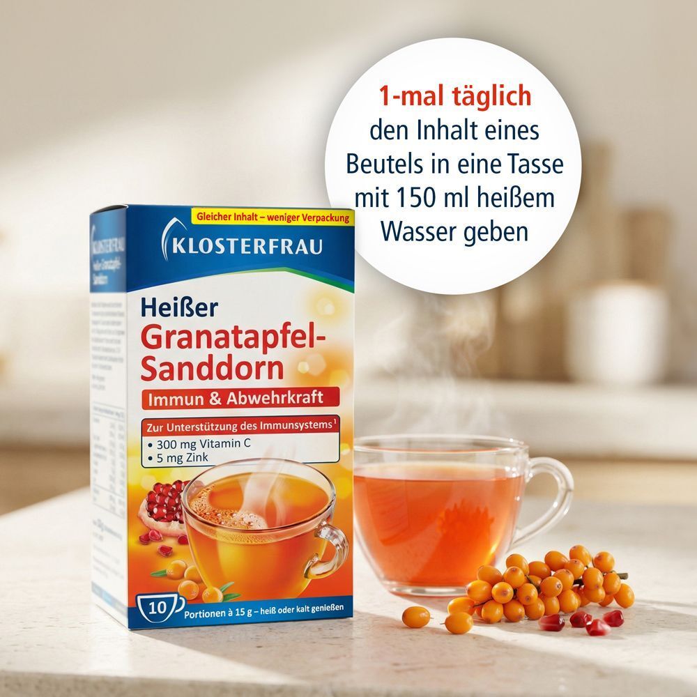 Packung KLOSTERFRAU Heißer Granatapfel-Sanddorn neben einer Tasse. Text: 1-mal täglich den Inhalt eines Beutels in 150 ml heißem Wasser geben.