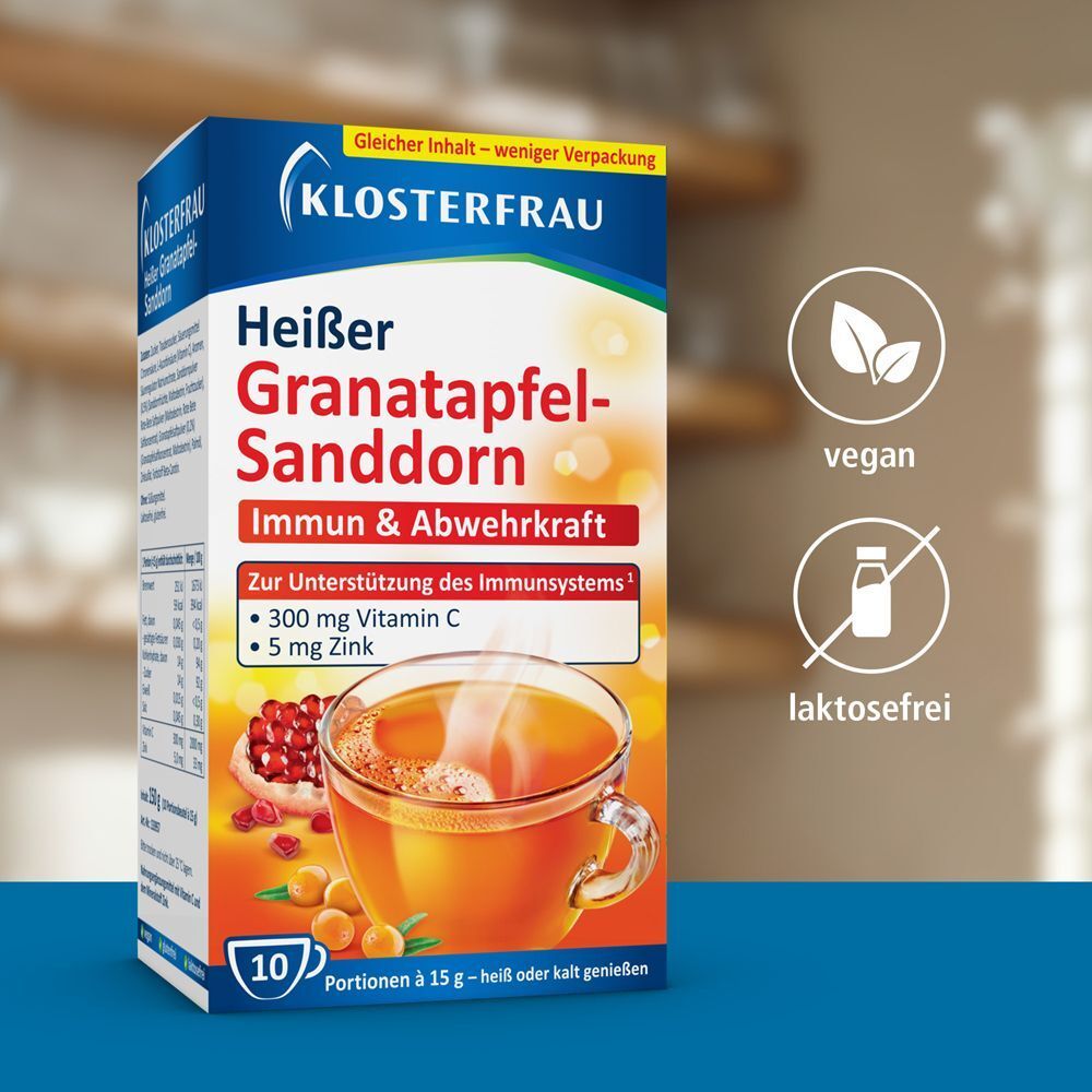 Packung KLOSTERFRAU Heißer Granatapfel-Sanddorn. Text: Immun & Abwehrkraft, 300 mg Vitamin C, 5 mg Zink. Vegan, laktosefrei.