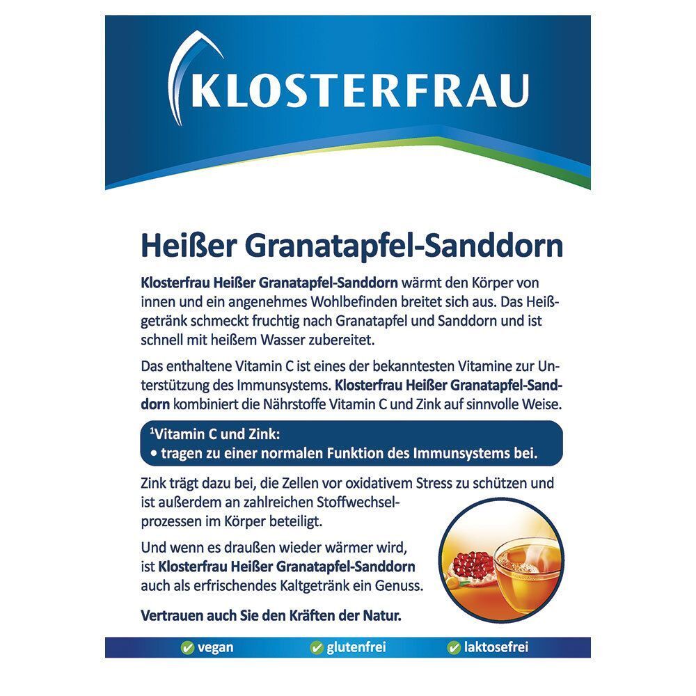 Text über KLOSTERFRAU Heißer Granatapfel-Sanddorn. Enthält Vitamin C und Zink. Vegan, glutenfrei, laktosefrei.