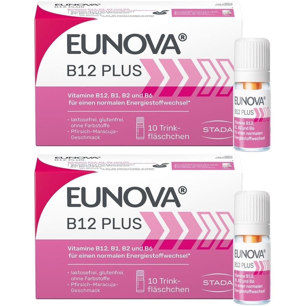Zwei Packungen EUNOVA B12 PLUS Trinkfläschchen mit je 10 Stück. Enthält Vitamine B12, B1, B2, B6.