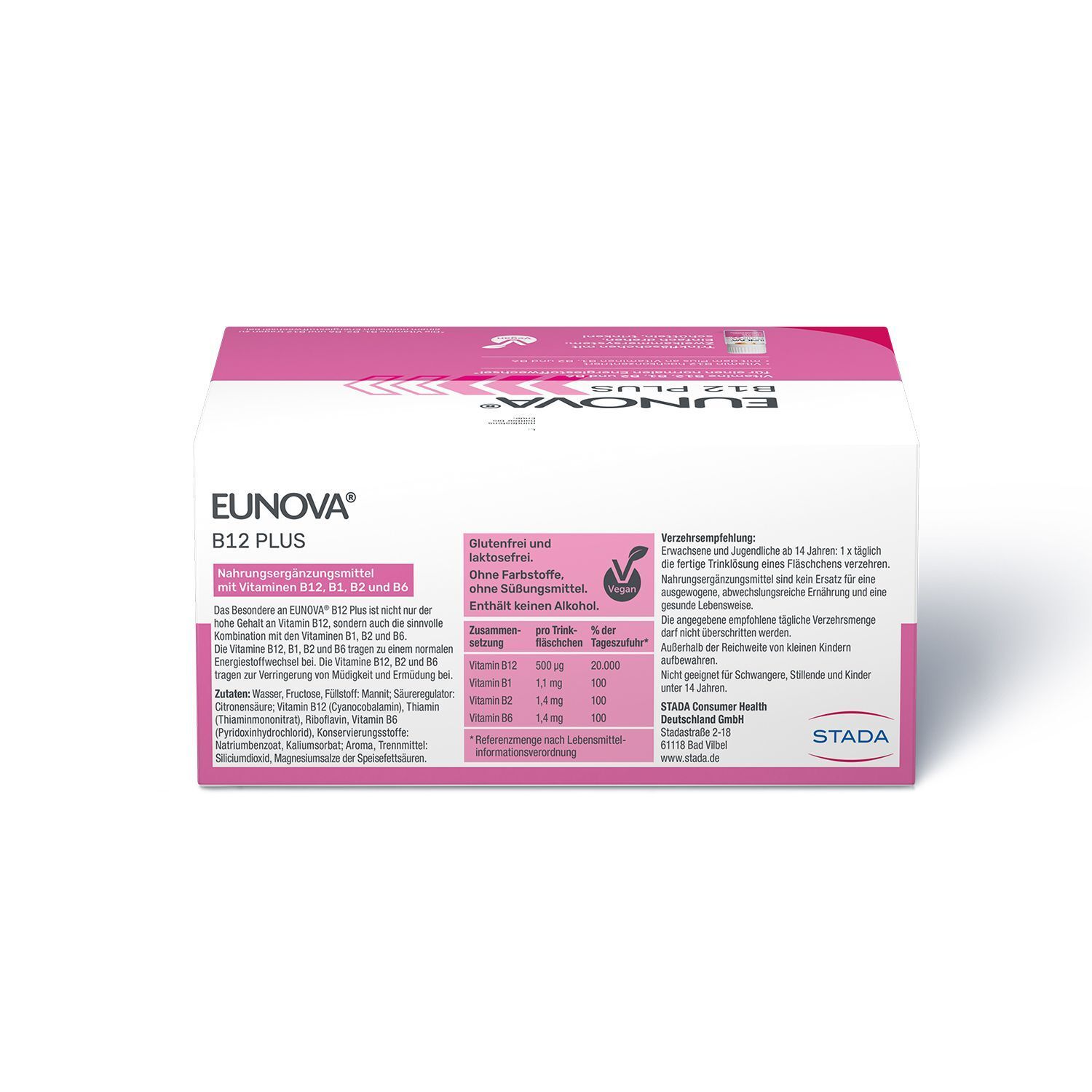 Rückseite einer EUNOVA B12 PLUS Packung mit Nährwertangaben und Hinweisen.