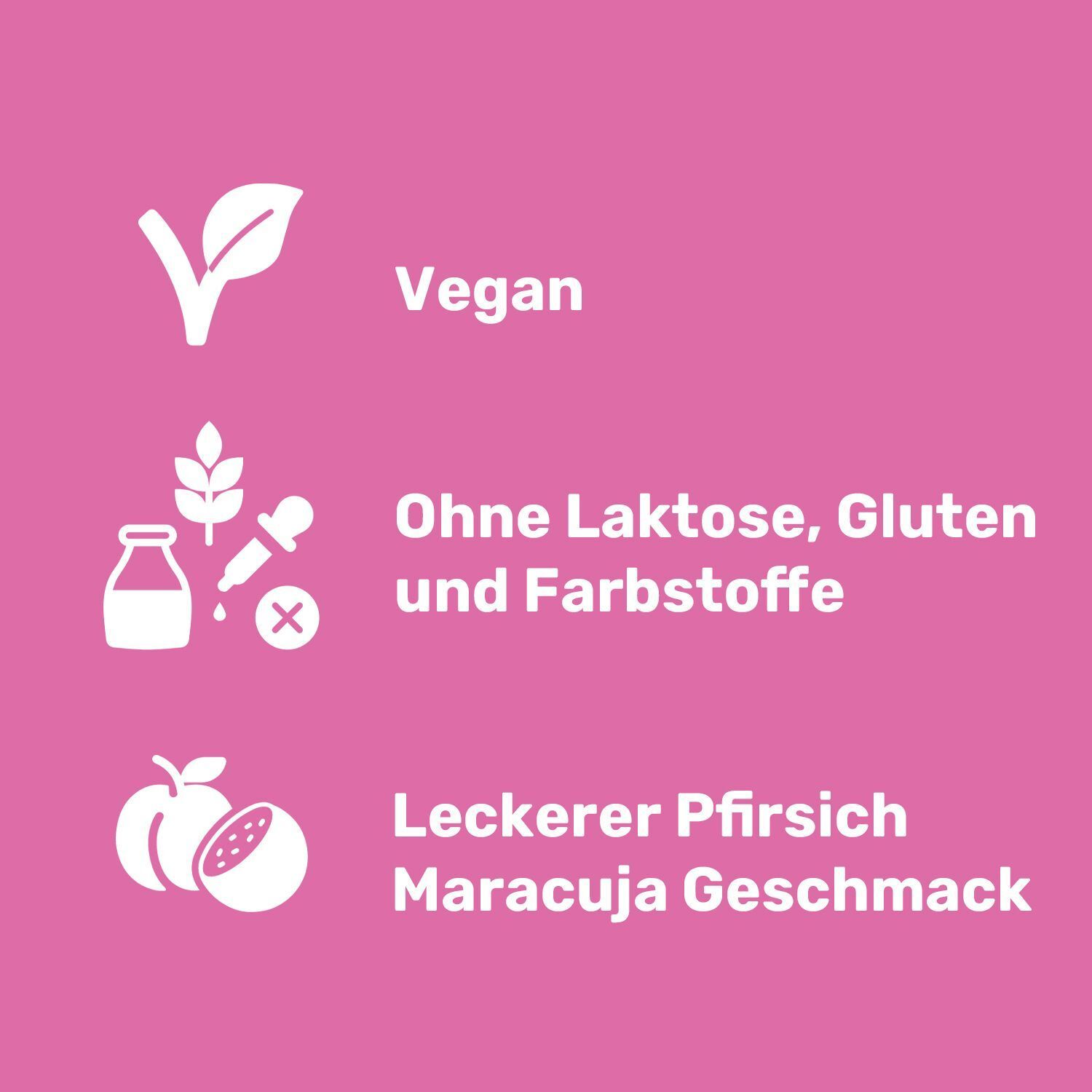 Symbole für Vegan, ohne Laktose, Gluten, Farbstoffe und Pfirsich-Maracuja-Geschmack.
