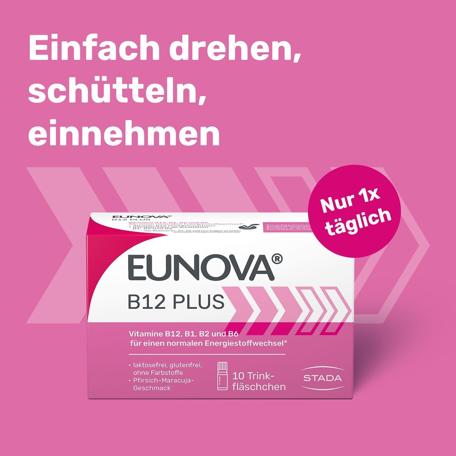 Anwendungshinweis: Drehen, schütteln, einnehmen. EUNOVA B12 PLUS, nur 1x täglich.