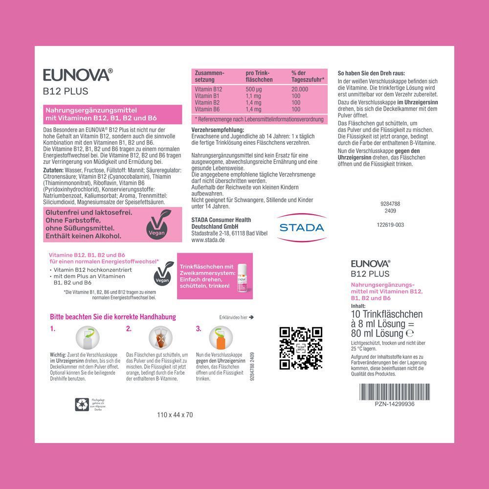 Packung EUNOVA B12 PLUS mit 10 Trinkfläschchen. Enthält Vitamine B12, B1, B2, B6.
