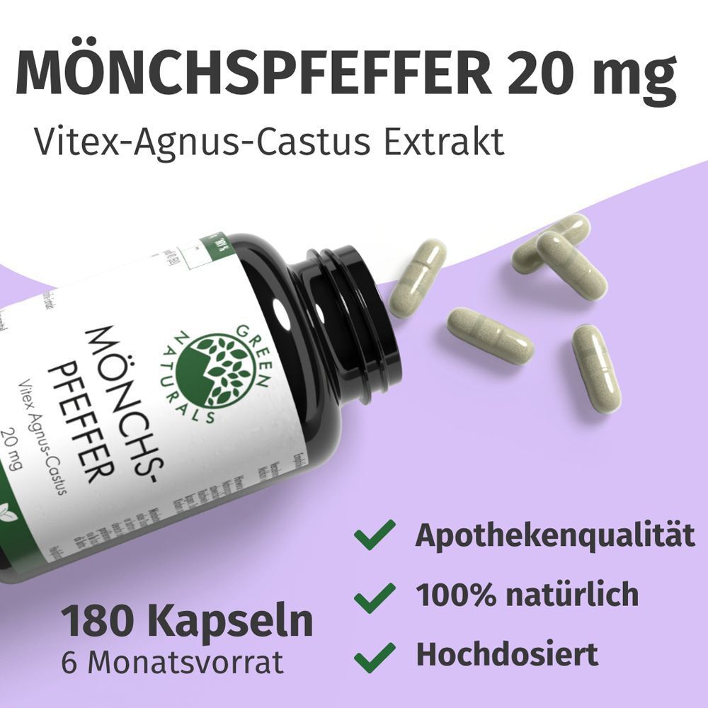 Eine Flasche mit Kapseln. Aufschrift: MÖNCHS-PFEFFER, 20 mg, 180 Kapseln. Text: Apothekenqualität, 100% natürlich, hochdosiert.