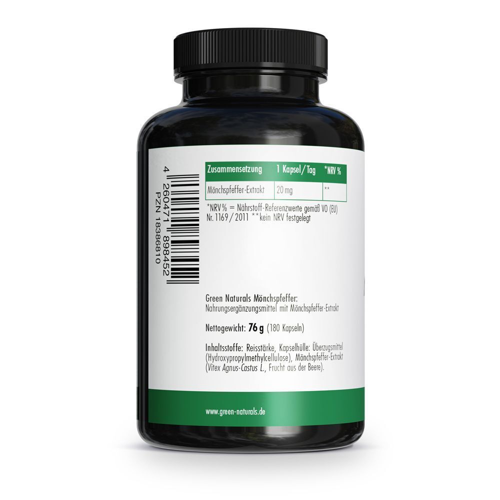 Rückseite einer Flasche. Text: Zusammensetzung: Mönchspfeffer-Extrakt 20 mg. Nährwertangaben.
