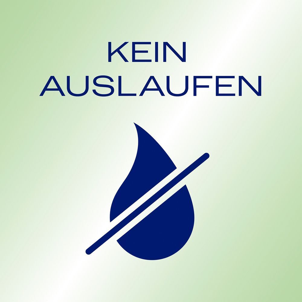 Blauer Tropfen mit durchgestrichener Linie. Text: Kein Auslaufen.