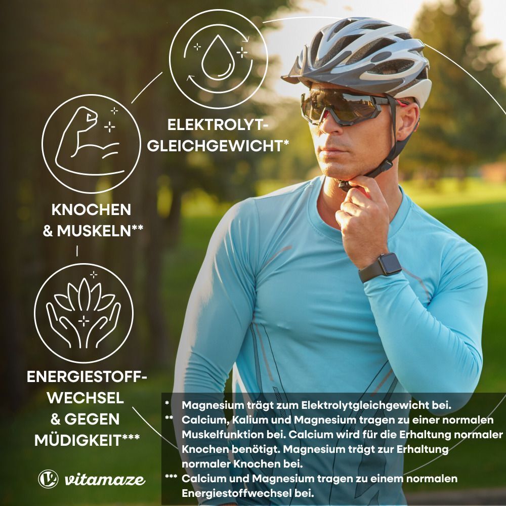 Mann mit Fahrradhelm. Infografik zeigt Vorteile von Elektrolyte Komplex für Knochen, Muskeln und Energie.