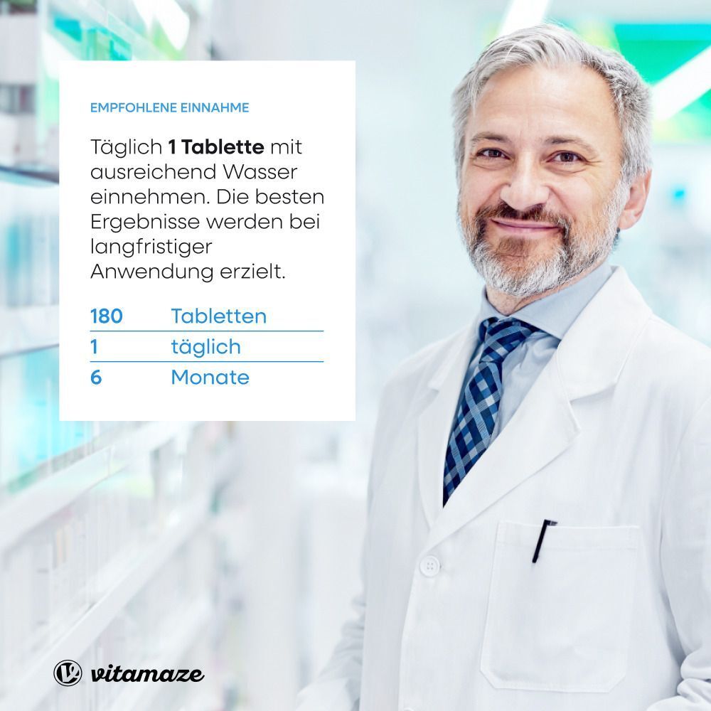 Arzt mit weißem Kittel. Text: Einnahme von 1 Tablette täglich mit Wasser. Packungsinhalt: 180 Tabletten.