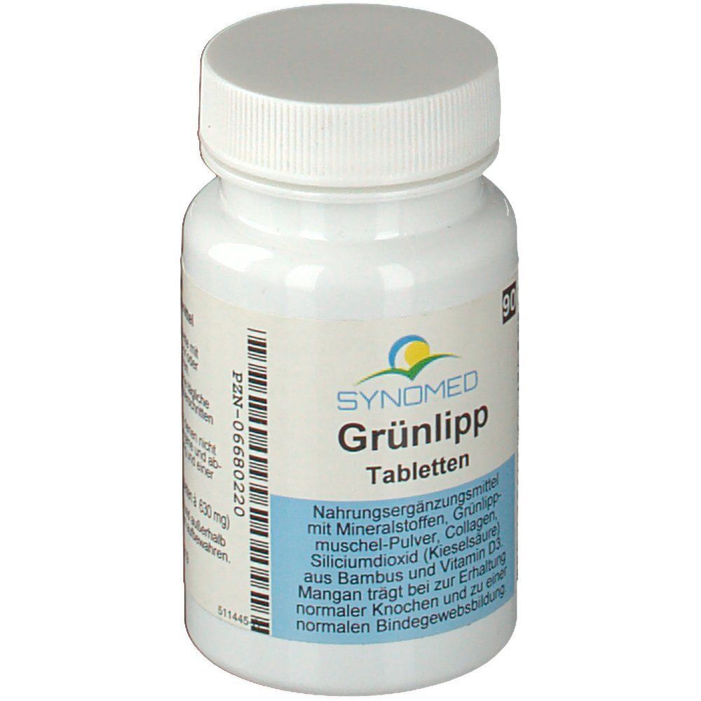 Weiße Tablettenflasche SYNOMED Grünlipp. Aufschrift: Tabletten, Nahrungsergänzungsmittel. Blaues und gelbes Etikett mit Produktinformationen.