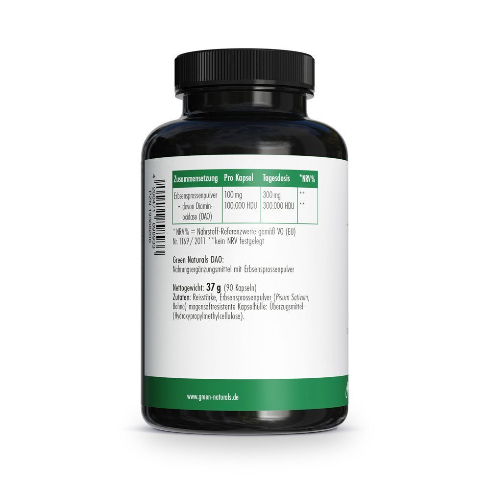 Rückseite einer Flasche mit schwarzem Deckel. Aufschrift: GREEN NATURALS DAO, Nährwertangaben, 37g, 90 Kapseln.