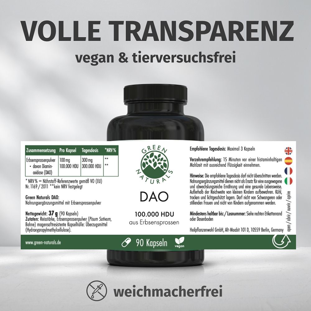 Flasche GREEN NATURALS DAO. Etikett mit "Volle Transparenz", vegan & tierversuchsfrei, Zusammensetzung.