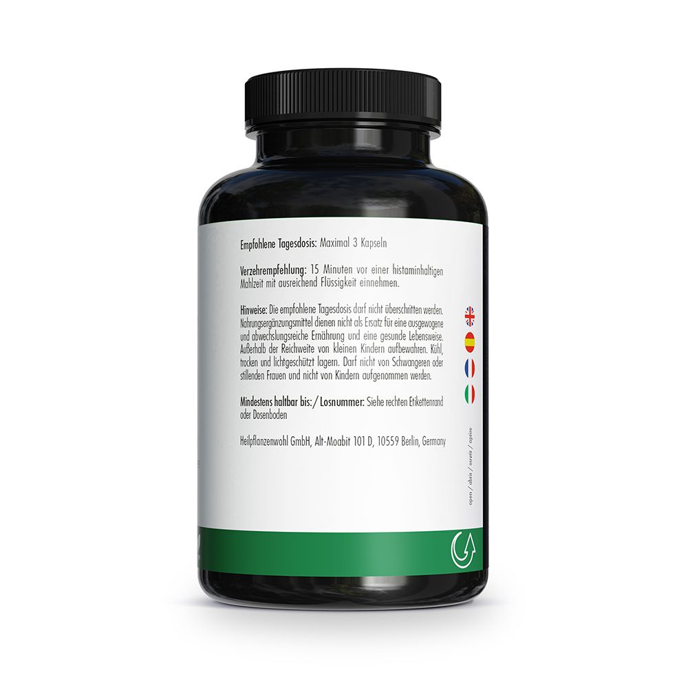 Rückseite einer Flasche GREEN NATURALS DAO. Etikett mit Anwendungshinweisen und Verfallsdatum.