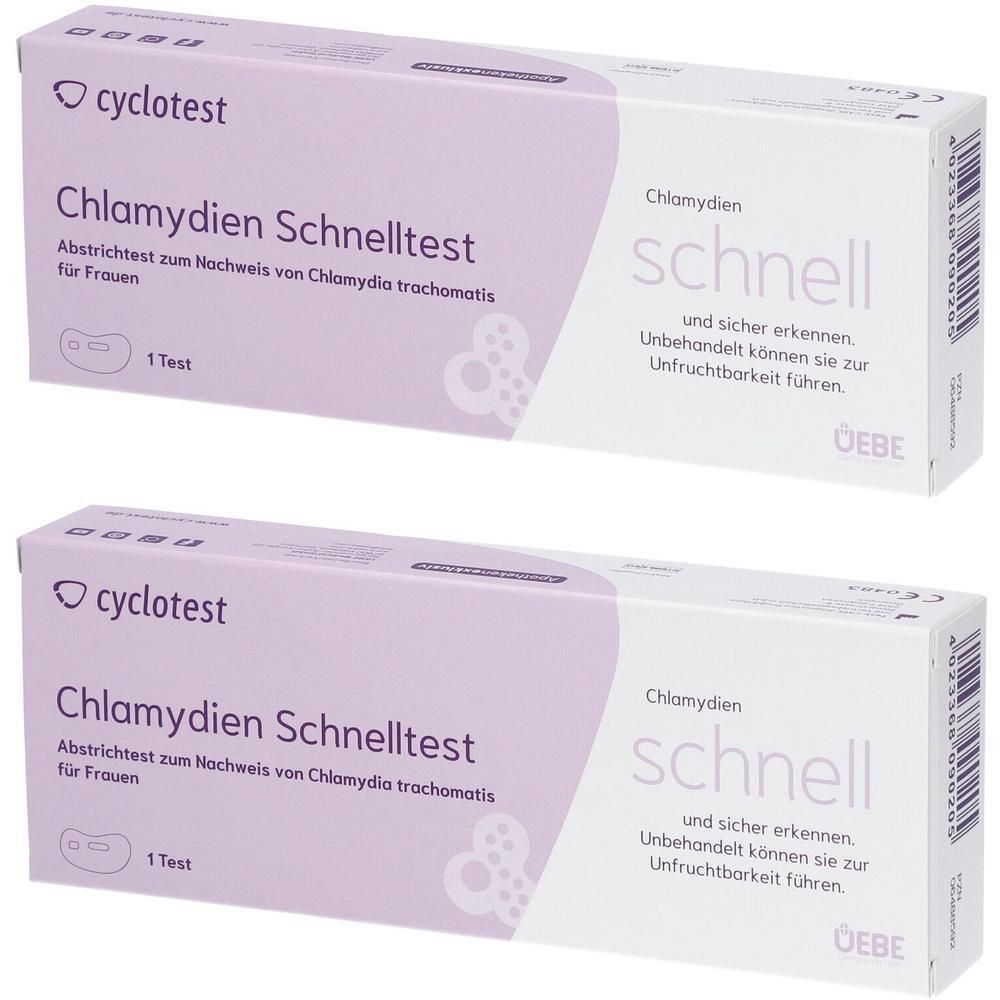 Zwei Packungen CYCLOTEST Chlamydien-Schnelltest. Aufschrift: Chlamydien Schnelltest, Abstrichtest für Frauen. Logo: cyclotest.