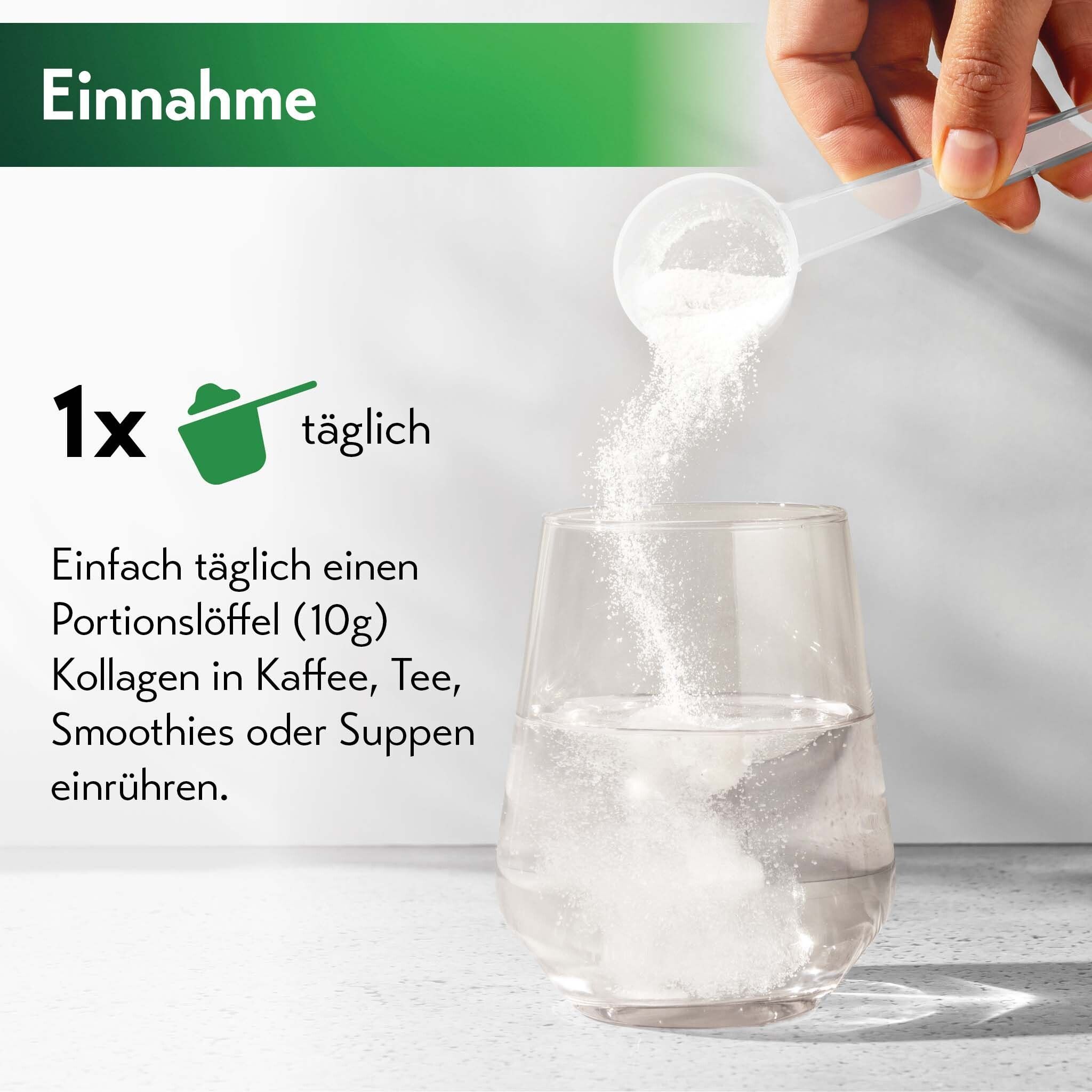 Person gießt Kollagenpulver mit einem Messlöffel in ein Glas Wasser. Auf dem Löffel steht 1x täglich.