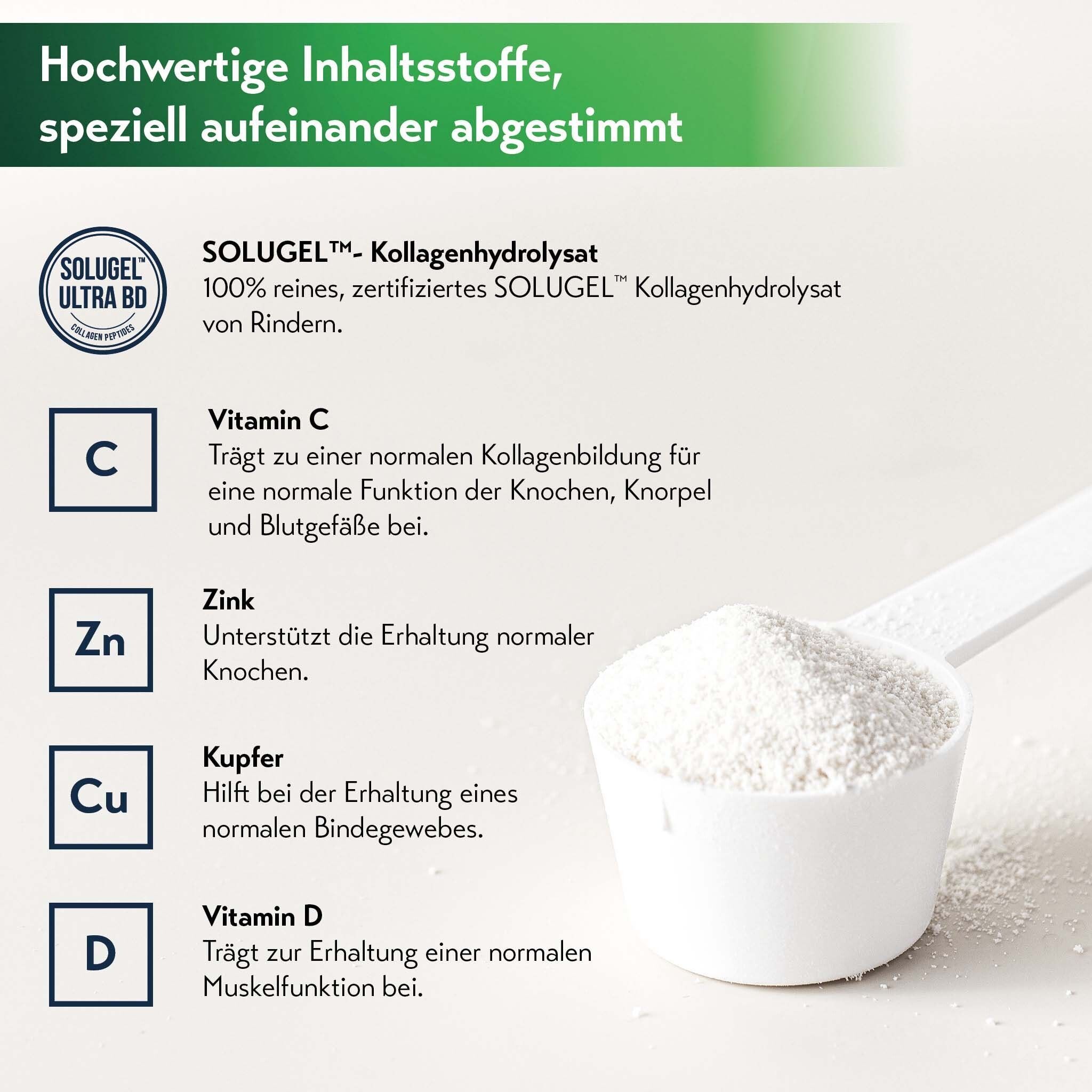 Nahaufnahme eines Messlöffels mit Kollagenpulver. Text: SOLUGEL, Vitamin C, Zink, Kupfer, Vitamin D. Zertifiziertes SOLUGEL Kollagenhydrolysat.