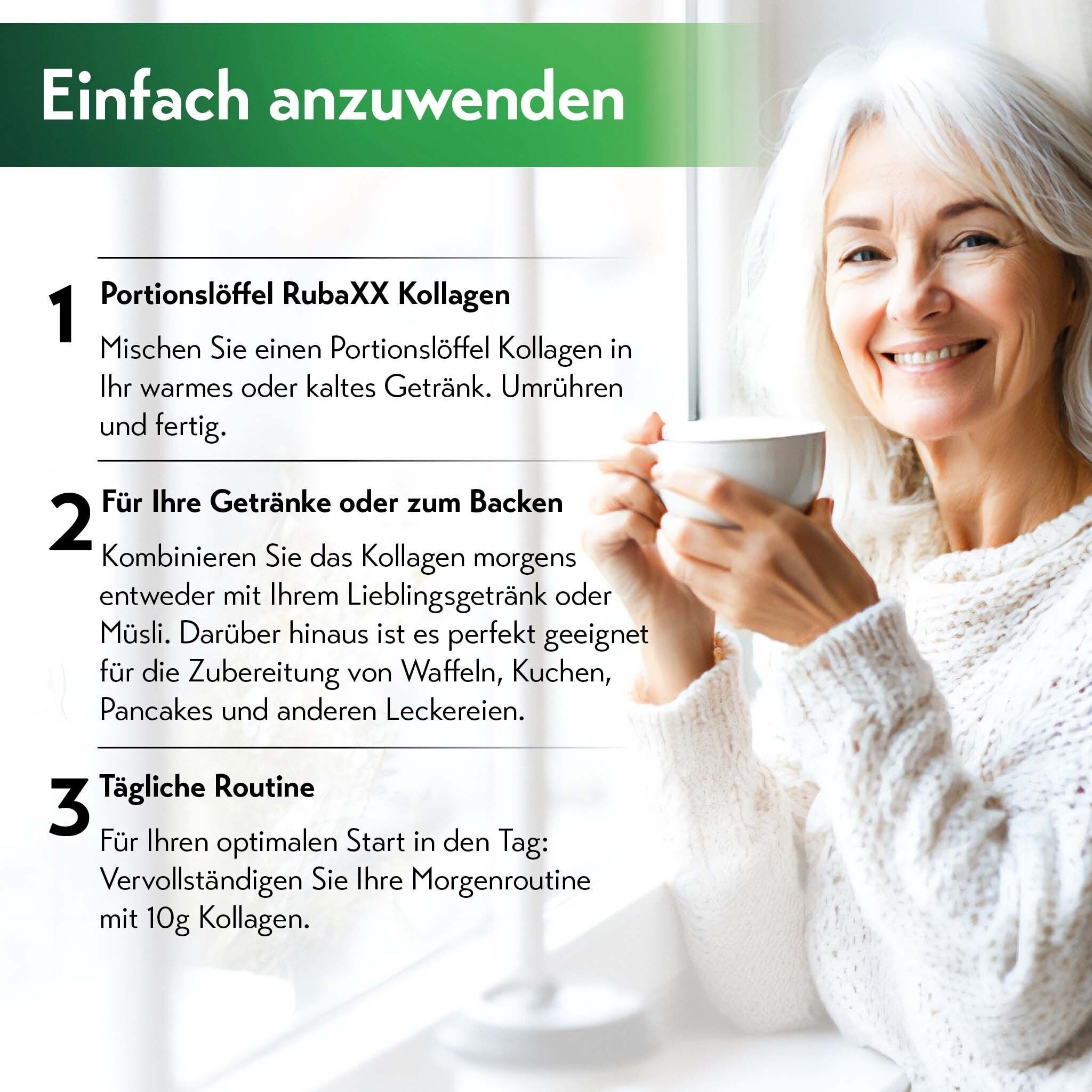 Ältere Frau trinkt Kaffee. Text: Portionenlöffel RUBAXX Kollagen. Für Getränke oder zum Backen. Tägliche Routine mit 10g Kollagen.