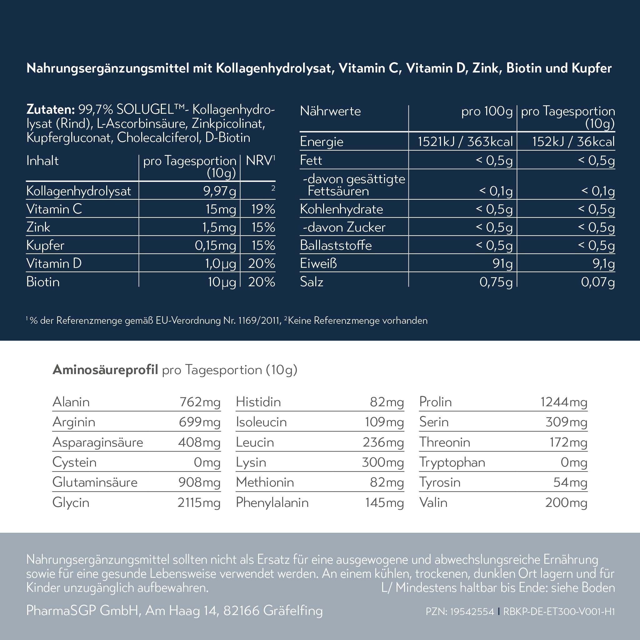 Nährwerttabelle und Aminosäureprofil für RUBAXX Kollagen. Enthält Kollagenhydrolysat, Vitamin C, D, Zink, Biotin und Kupfer.
