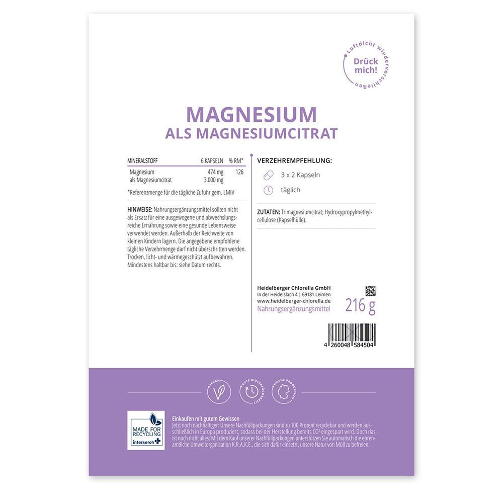 Rückseite einer Verpackung. Aufschrift: MAGNESIUM ALS MAGNESIUMCITRAT. Angaben zu Inhaltsstoffen, Verzehrempfehlung und Hersteller. Gewicht: 216 g.