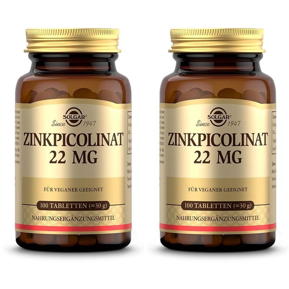 Zwei Flaschen SOLGAR Zinkpicolinat 22 mg Tabletten. Braune Glasflaschen mit goldenen Deckeln und Etiketten. Aufschrift: Zinkpicolinat 22 mg, 100 Tabletten.