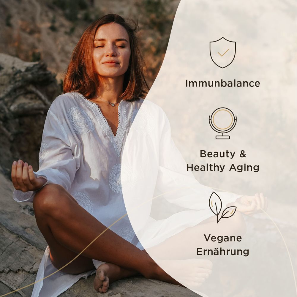 Eine Frau sitzt in der Natur und meditiert. Neben ihr Icons mit Texten über Immunbalance, Schönheit, vegane Ernährung.