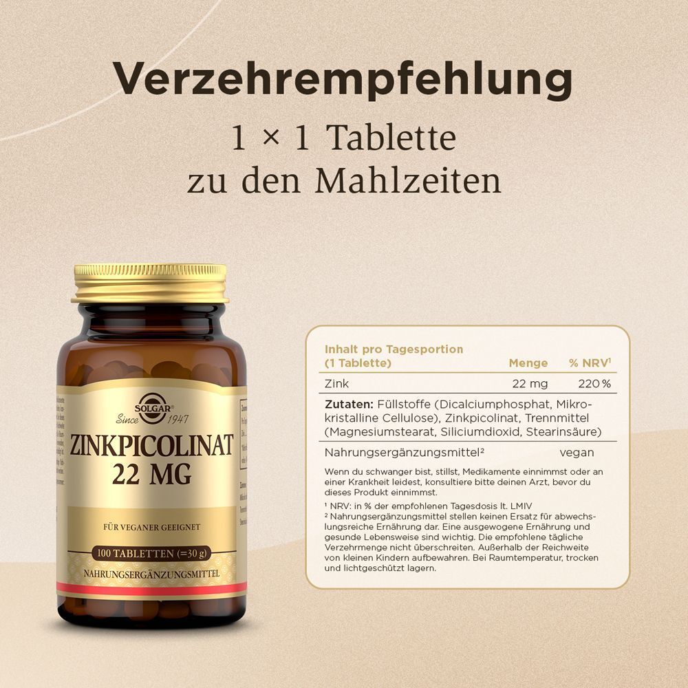 Eine Flasche SOLGAR Zinkpicolinat 22 mg Tabletten. Braune Glasflasche mit goldenem Deckel und Etikett. Text: Zinkpicolinat 22 mg, 100 Tabletten. Nährwerttabelle.