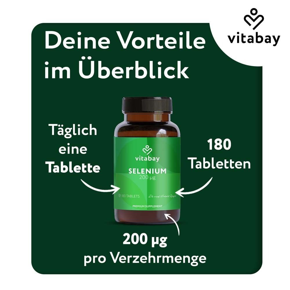 Eine Flasche Selen 200 µg von Vitabay. Text: Täglich eine Tablette, 180 Tabletten, 200 µg pro Verzehrmenge.