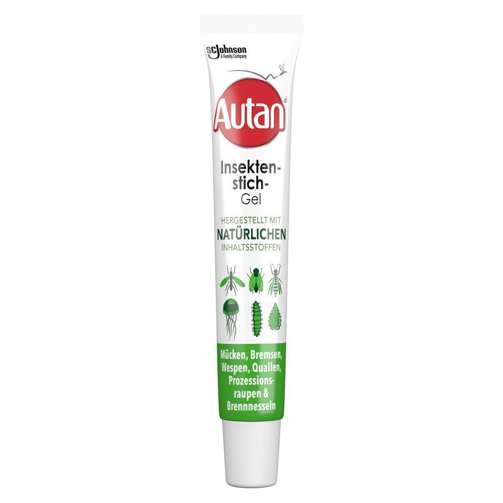 AUTAN Insektenstich-Gel Tube. Weiß mit rotem Logo und grünen Details. Text: Beruhigt & kühlt die Haut. Illustrationen von Insekten.