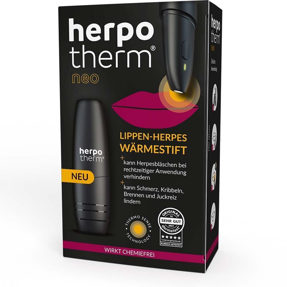 HERPOTHERM neo in Verpackung. Schwarzes Gerät. Aufdruck: Lippen-Herpes Wärmestift. Zertifizierung. Gelbe Thermo-Sense-Technologie.