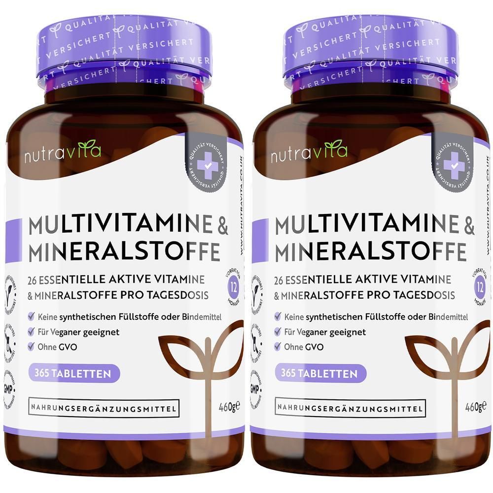 Zwei Flaschen Nutravita Multivitamine & Mineralstoffe. Braune Flaschen mit lila Deckel und Etikett. 365 Tabletten, 460g.