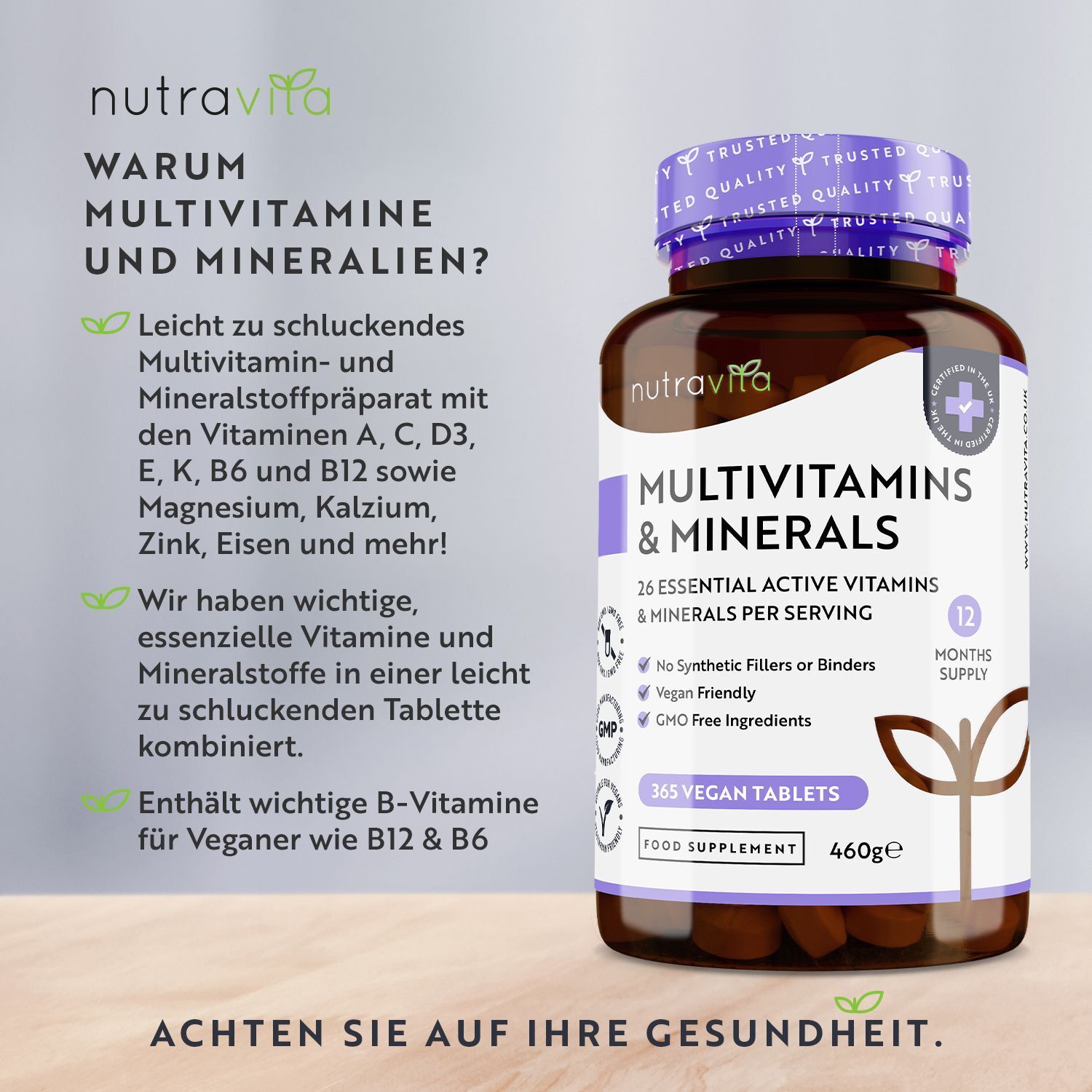 Eine Flasche Nutravita Multivitamine & Mineralstoffe. Lila Deckel, weißes Etikett. 365 vegane Tabletten, 460g. Text: Warum Multivitamine und Mineralien?
