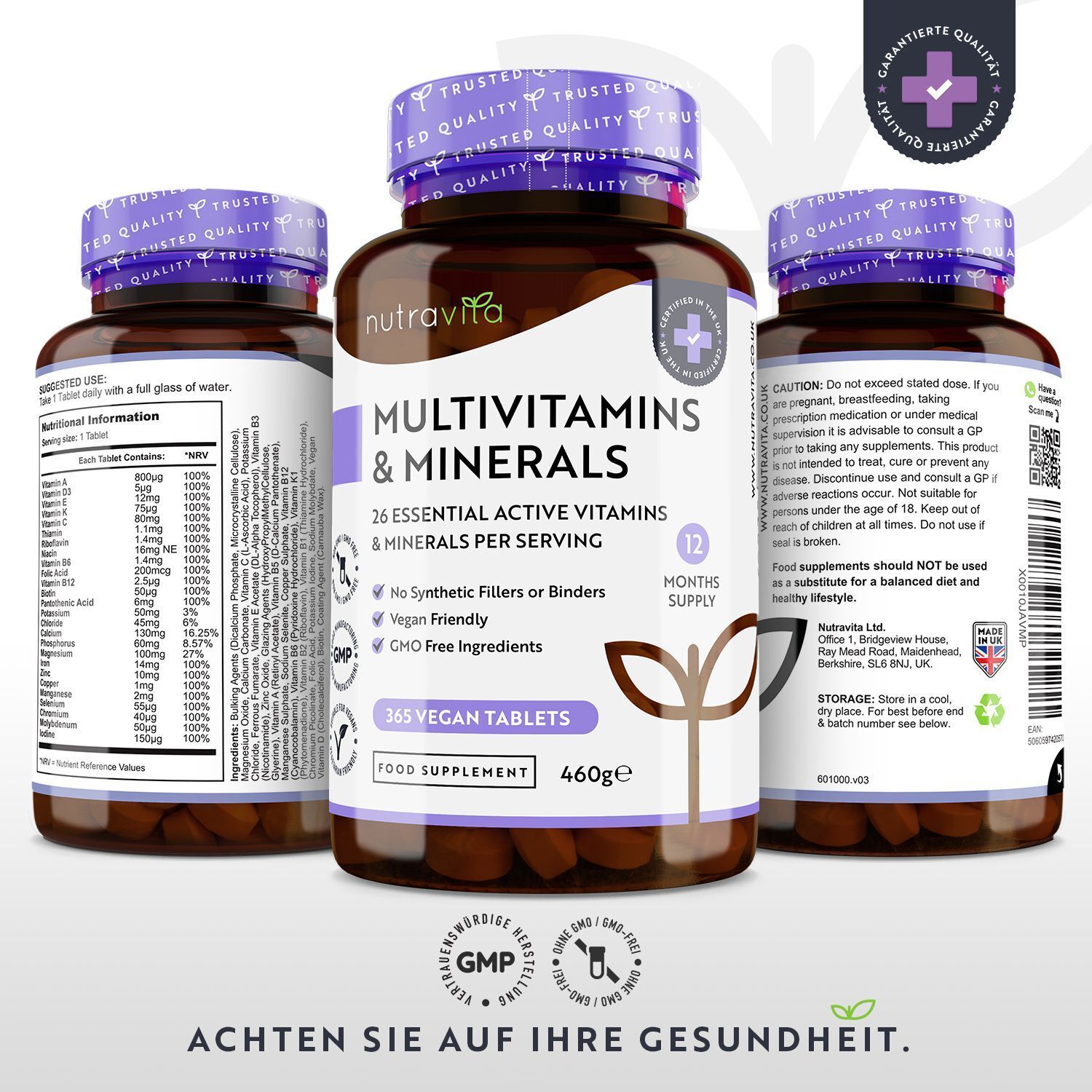 Drei Flaschen Nutravita Multivitamine & Mineralstoffe. Braune Flaschen, lila Deckel. 365 vegane Tabletten, 460g. Text: 26 essentielle aktive Vitamine & Mineralstoffe pro Tagesdosis.