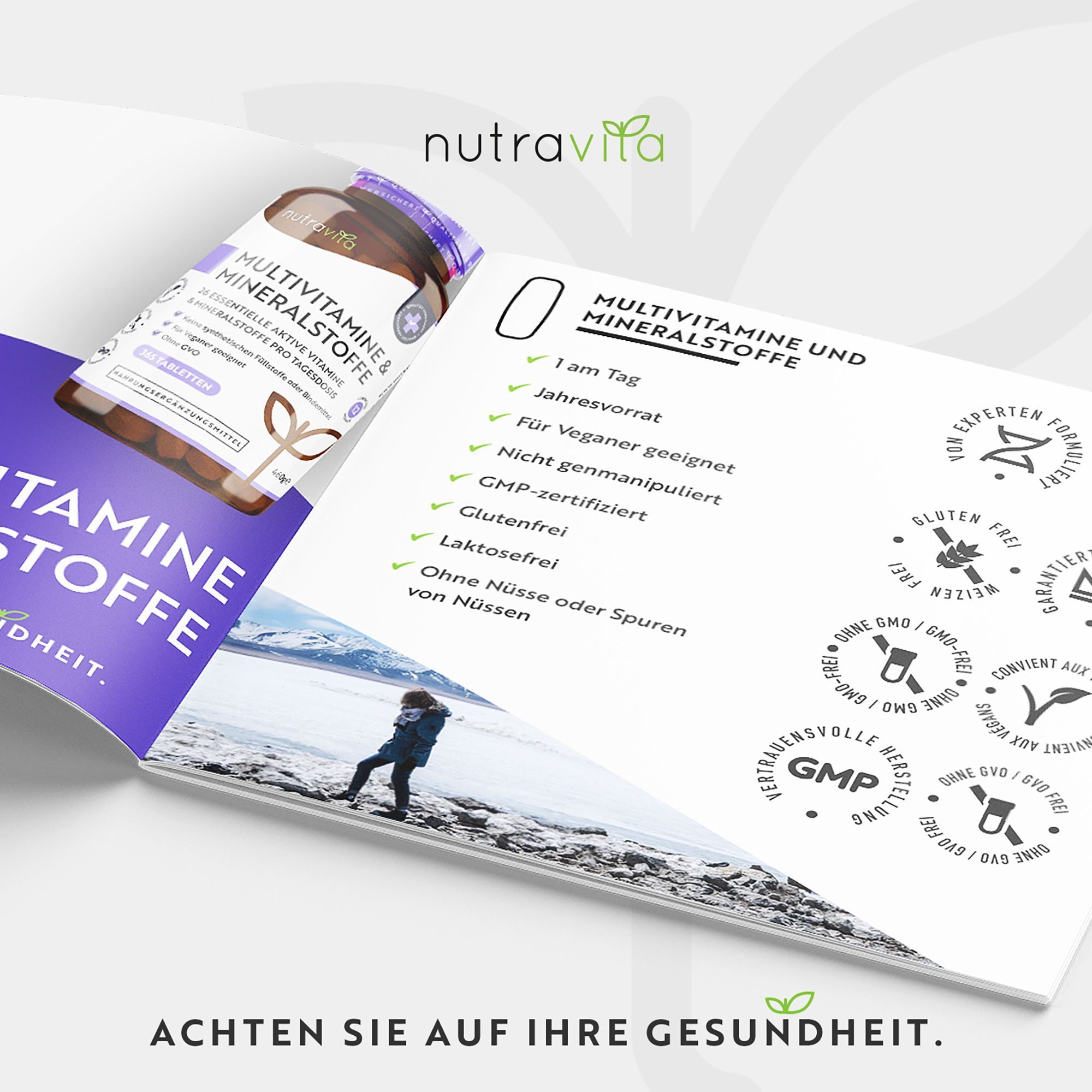 Flasche Nutravita Multivitamine & Mineralstoffe neben Broschüre. Broschüre mit Text und Logos. GMP-zertifiziert, glutenfrei, laktosefrei, vegan.