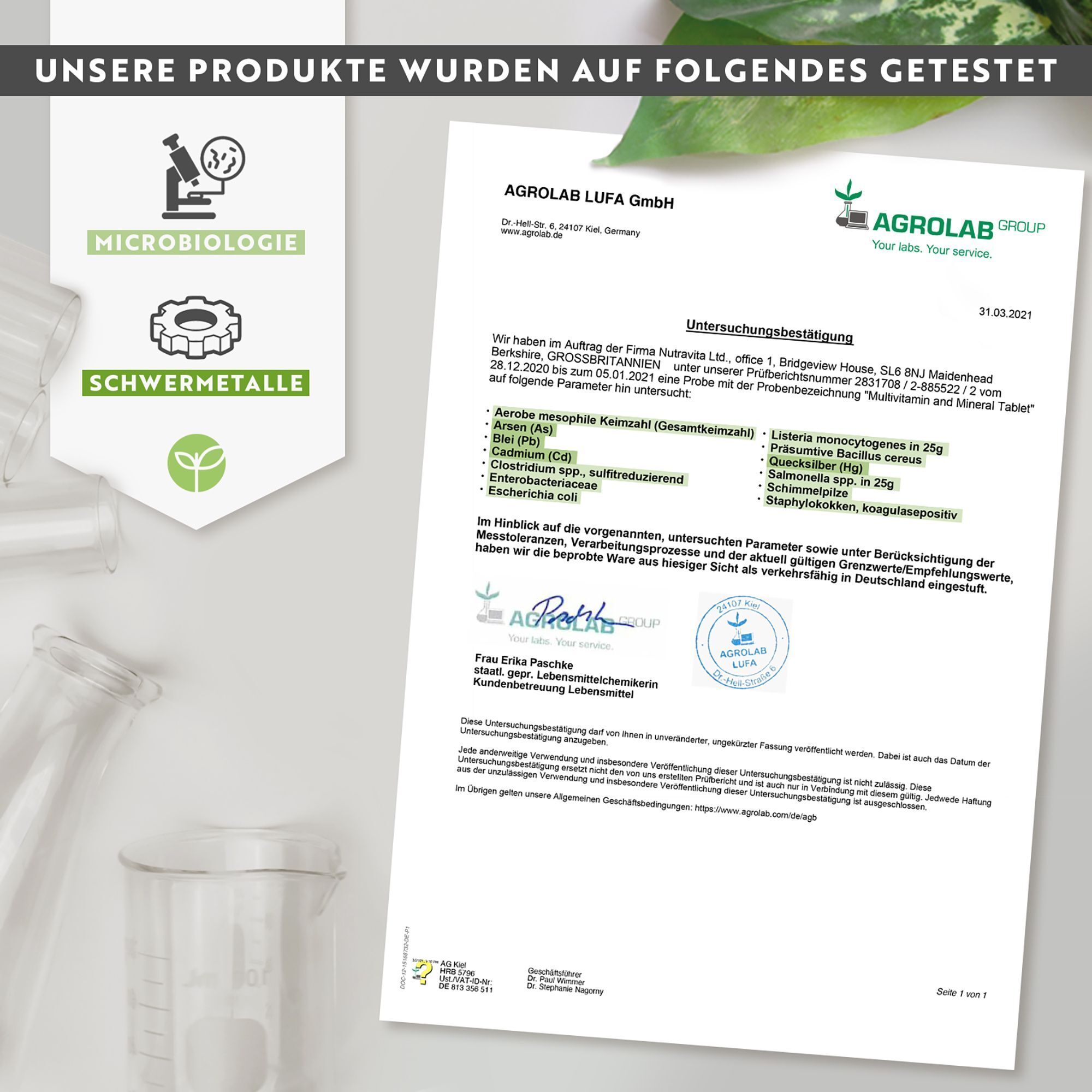 Dokument mit Testergebnissen von Agrolab LUFA GmbH. Text: Untersuchungsergebnis. Analyse von Multivitamin-Tabletten.