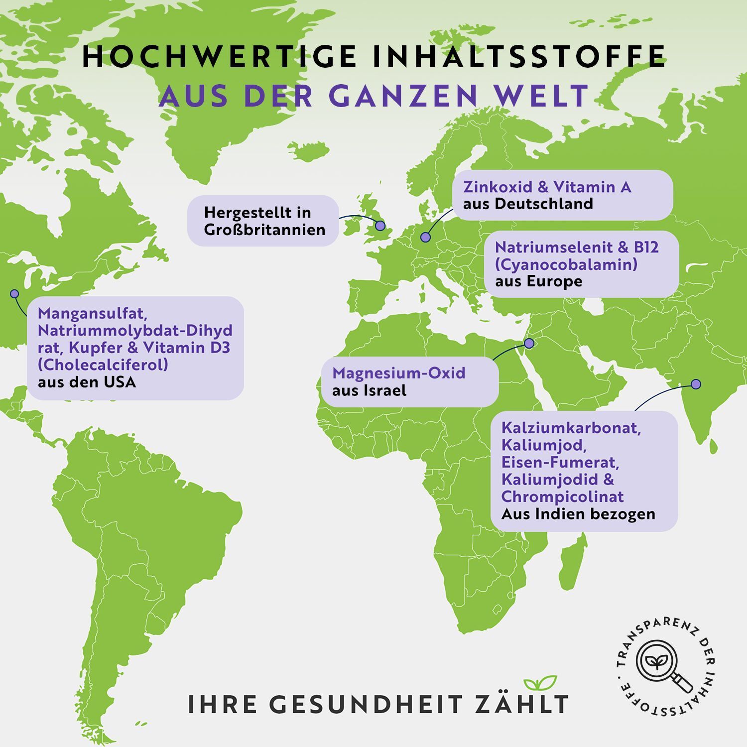 Weltkarte mit Markierungen. Text: Hochwertige Inhaltsstoffe aus der ganzen Welt. Hergestellt in Großbritannien, aus den USA, Europa, Israel, Indien.