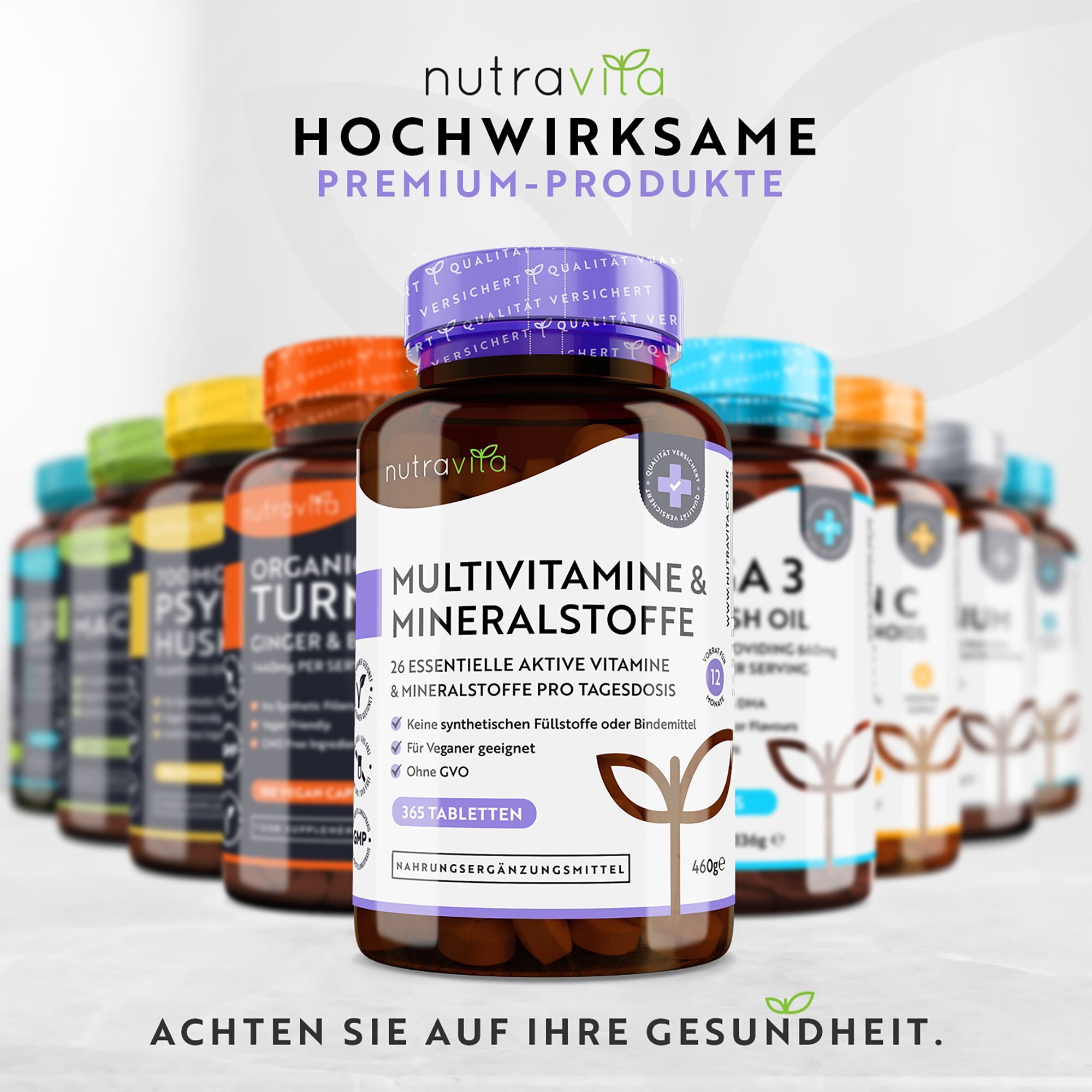 Mehrere Flaschen Nutravita Multivitamine & Mineralstoffe. Braune Flaschen mit verschiedenen farbigen Deckeln. Text: Hochwirksame Premium-Produkte.