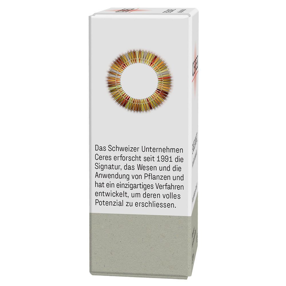 Seite der Verpackung CERES Esche Fraxinus excelsior Extrakt Tropfen mit Informationen zum Unternehmen.