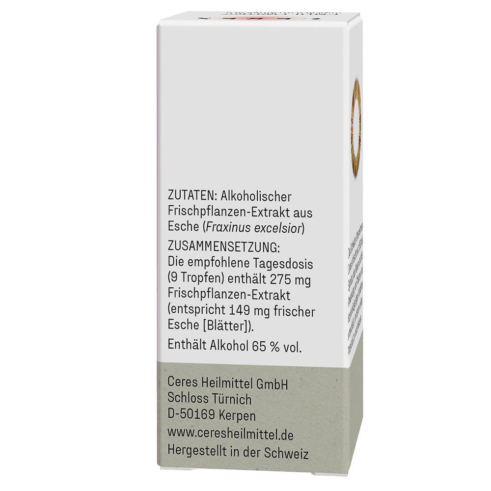 Seite der Verpackung CERES Esche Fraxinus excelsior Extrakt Tropfen mit Zutaten und Zusammensetzung.
