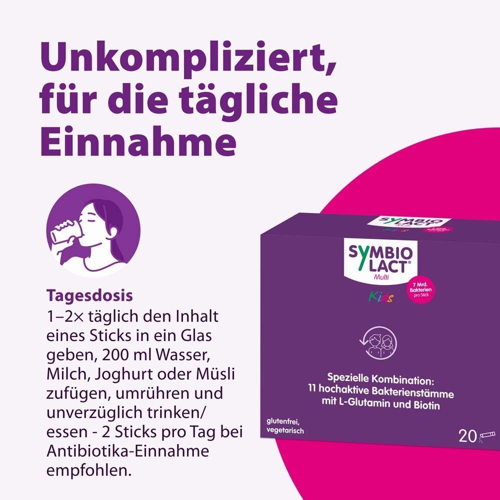 Illustration: Person trinkt aus Glas. Text: Tagesdosis, 1-2 Sticks, Wasser, Milch, Joghurt.