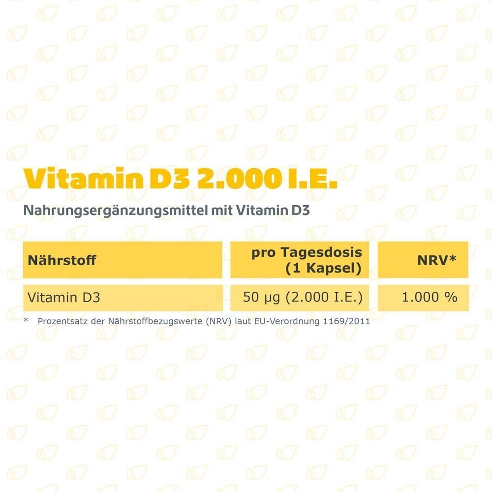 Nährwertangaben für R(h)ein Nutrition Vitamin D3 2.000 I.E.: 50 µg (2.000 I.E.) Vitamin D3 pro Kapsel.