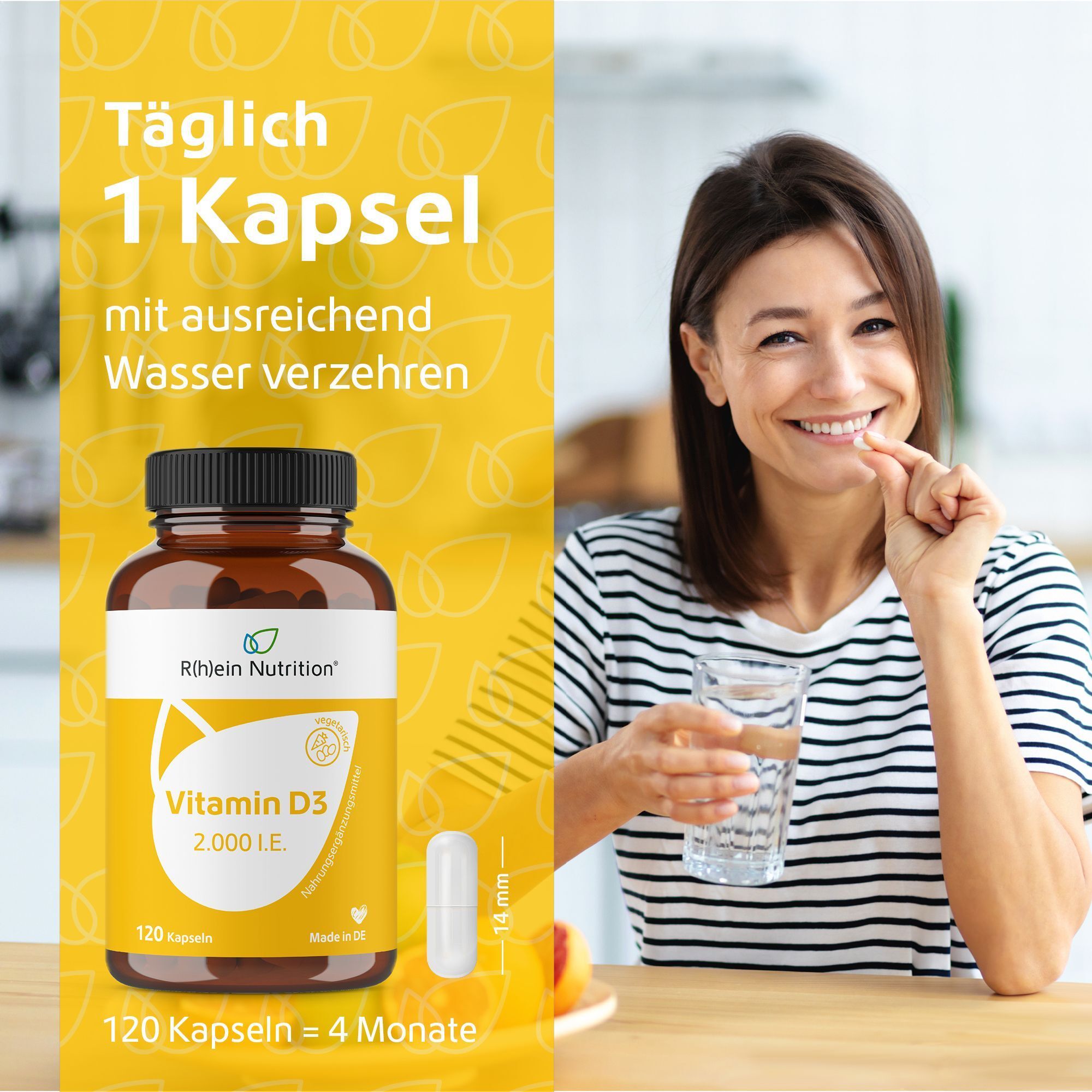 Frau nimmt eine Kapsel R(h)ein Nutrition Vitamin D3 2.000 I.E. mit Wasser ein. 120 Kapseln = 4 Monate Vorrat.