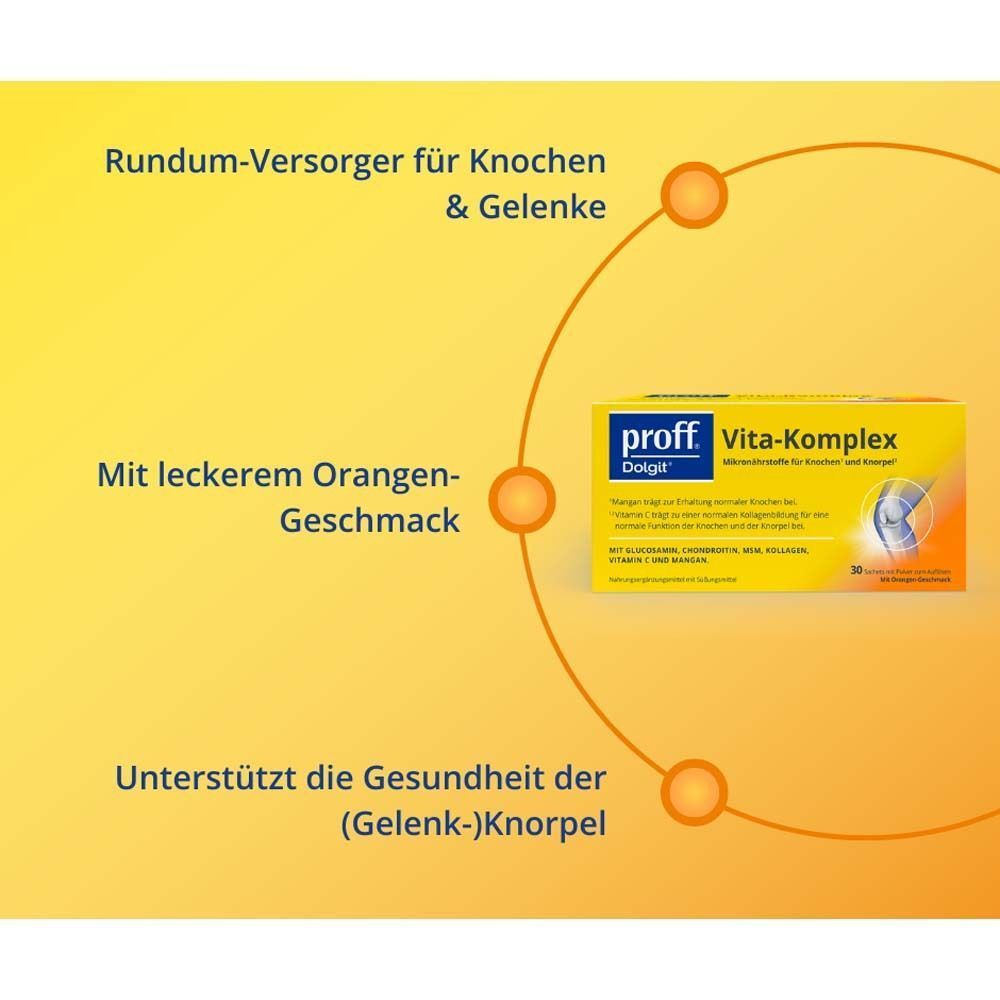 Gelber Hintergrund mit Text und einer Packung PROFF Dolgit Vita-Komplex Pulver Sachets. Text: Rundum-Versorger, Geschmack, Gesundheit.