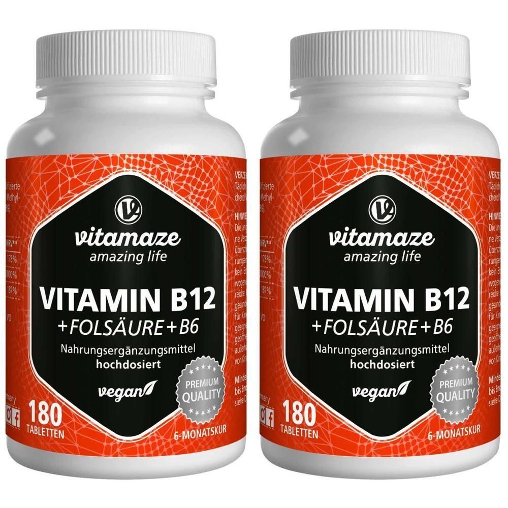 Vitamin B12 1000 µg hochdos.+B9+B6 vegan Tabletten 2x 2x180 St