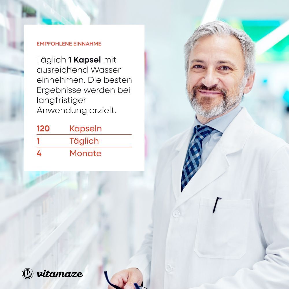 Arzt mit weißem Kittel. Text: Empfohlene Einnahme: 1 Kapsel täglich mit Wasser. Ergebnisse bei langfristiger Anwendung. 120 Kapseln, 1 täglich, 4 Monate.