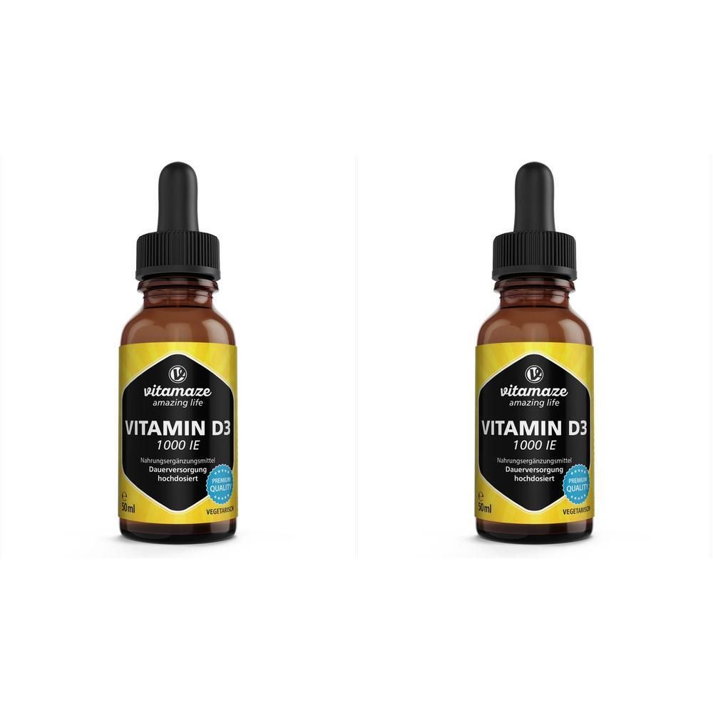 Zwei braune Flaschen mit schwarzer Pipette. Auf dem Etikett steht "VITAMIN D3 1.000 IE".