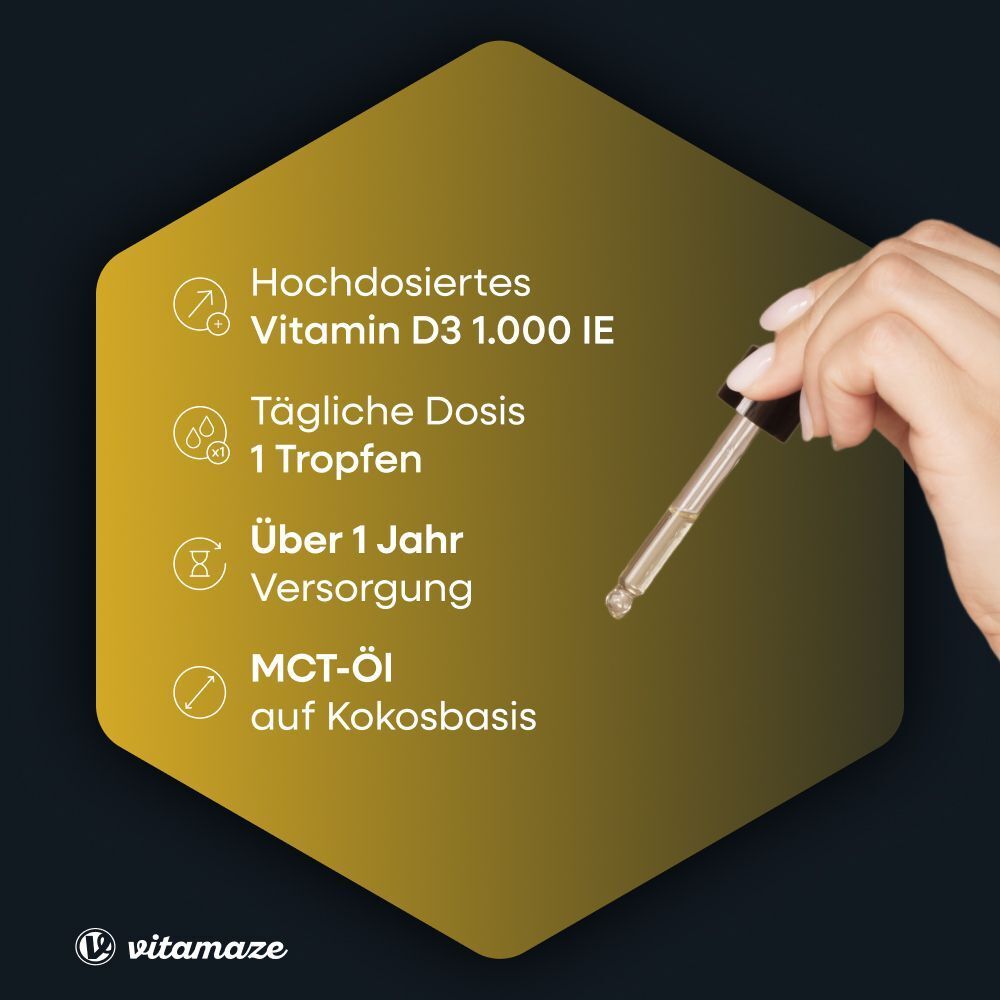 Gelber sechseckiger Hintergrund mit Text: Hochdosiertes Vitamin D3 1.000 IE, Tägliche Dosis 1 Tropfen, Über 1 Jahr Versorgung, MCT-Öl auf Kokosbasis.